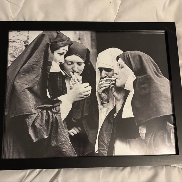 Black Framed Monochrome Art Print Nuns Smoking 12x14 - Picture 1 of 1